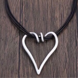Elegant Silver Heart Necklace with leather Black Cord